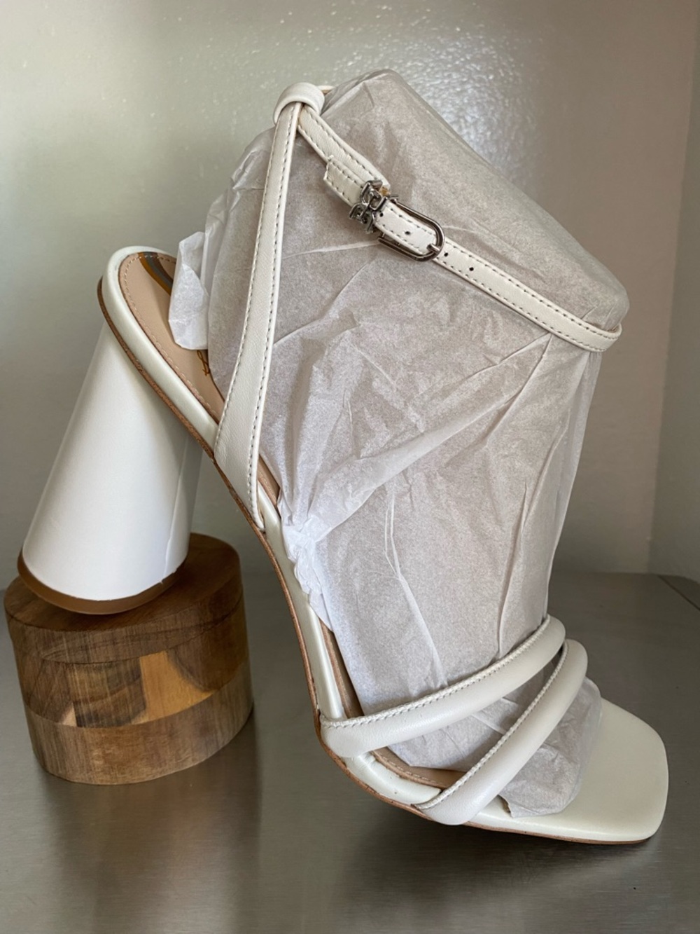 NEW-SAM EDELMAN WOMENS WHITE STRAPPY LEATHER BLOCK HEEL SANDAL